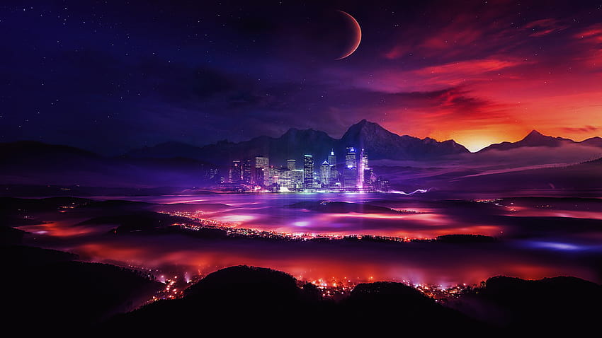: planet, Moon, stars, space, mountains, lights, night sky, city, panoramic view, colorful 1920x1080, night sky moon HD wallpaper