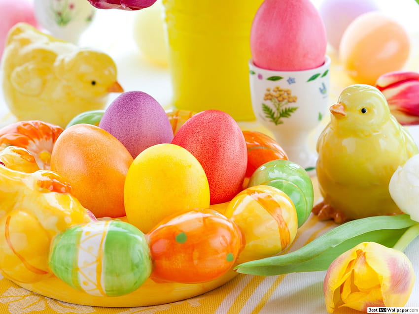 Colorful Easter egg with chicks figurines and flower, easter egger chickens HD wallpaper