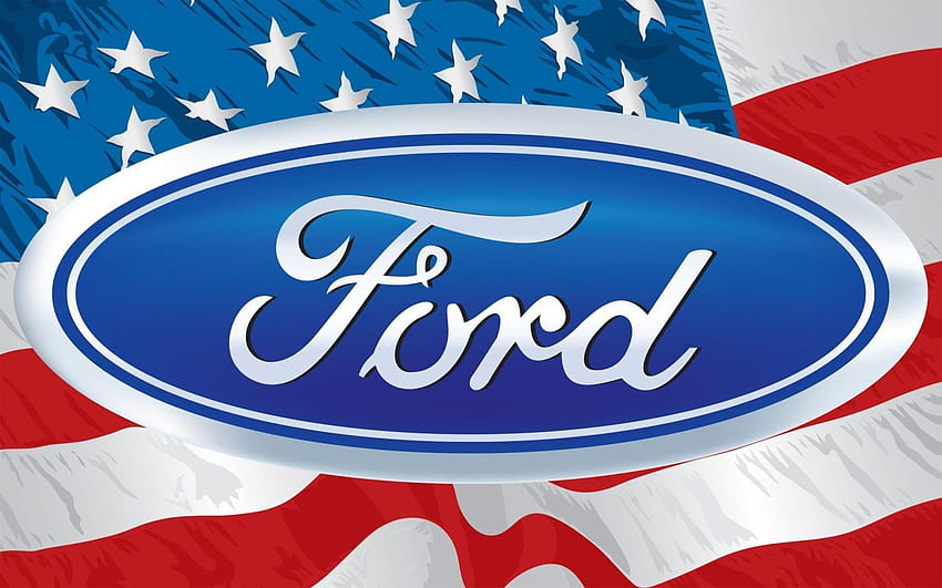 Ford logo on the backgrounds of the USA flag, ford logo background HD wallpaper