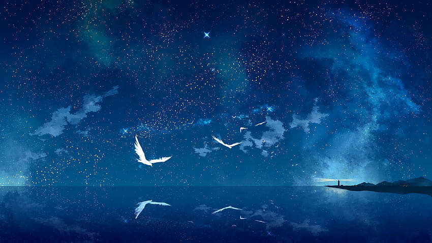 Night Sky Stars Ocean Horizon Krajy Latarnia morska Anime, ocean anime Tapeta HD
