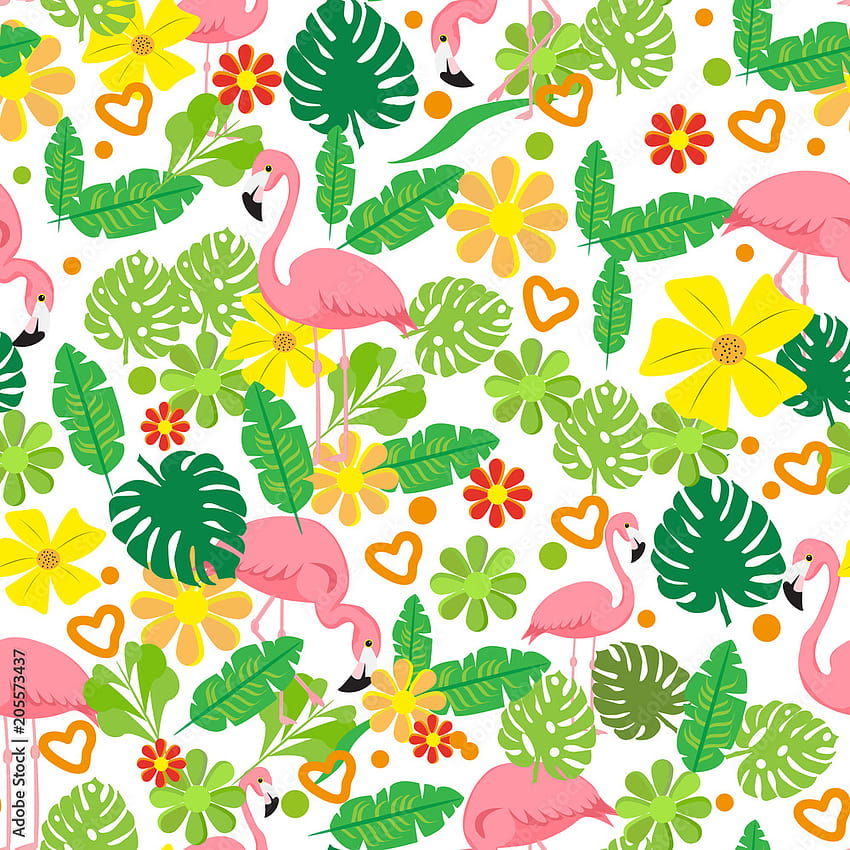 Seamless summer tropical pattern with flamingo, exotic flowers, leaves vector background. Good for , web page backgrounds, surface textures, textile Stock Vector HD phone wallpaper