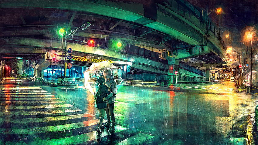 Colorful Overpass Umbrella Rain Night Lights Anime 3840x2160 U, rainy anime HD wallpaper