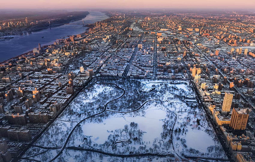 hiver new york, graphie aérienne, paysage urbain, zone urbaine, zone métropolitaine, ville, vue à vol d'oiseau, zone résidentielle, établissement humain, banlieue, eau, paysage urbain hiver Fond d'écran HD