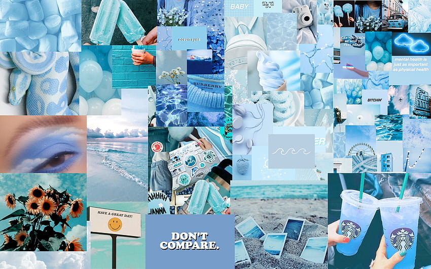 Ästhetische blaue Collage, sommerlicher blauer Collagen-Laptop HD-Hintergrundbild