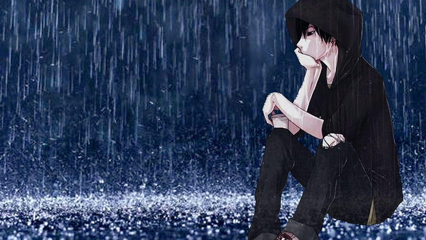 Triste anime boy solo bajo la lluvia fondo de pantalla
