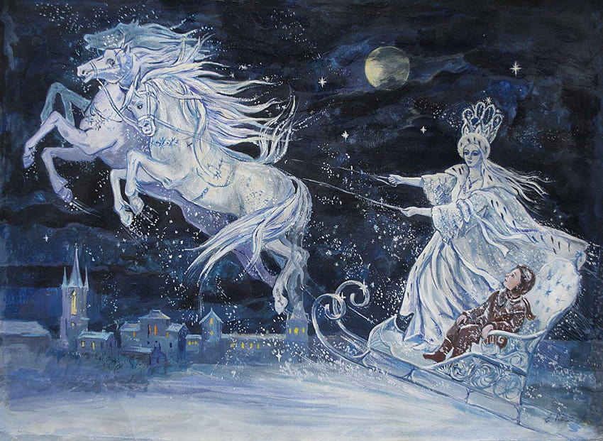 Chłopcy Konie na sankach Królowa Śniegu Dziewczyny Zimowa fantazja Tapeta HD