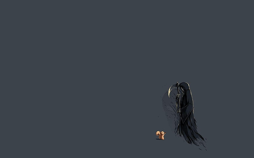 death, scythe, funny, squirrels, gray backgrounds, optimism HD wallpaper