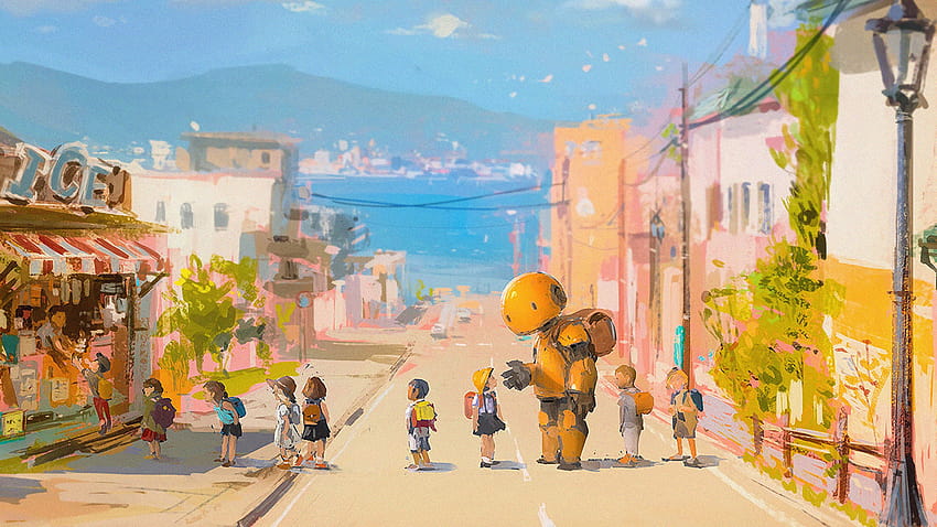 Straße, Roboter, Strand, Meer, Kinder, Anime • For You For & Mobile, Street Anime 1920x1080 HD-Hintergrundbild