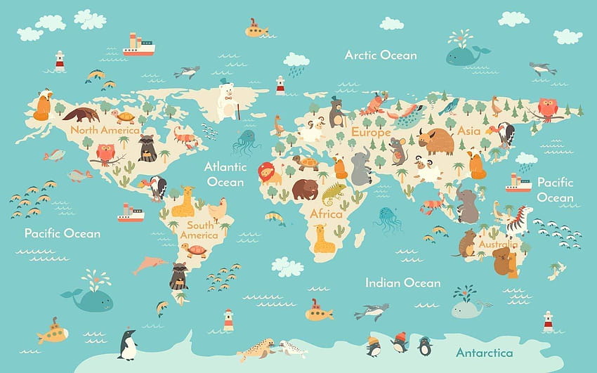 Mapa mundial con animales del océano para niños, mapa de australia fondo de pantalla