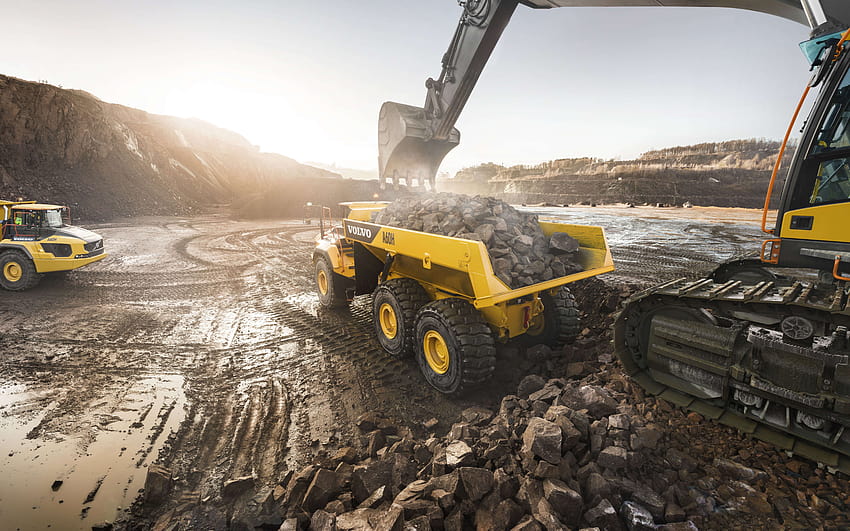 Volvo A60H, 2018, Heavy duty dump truck, loading of stones, quarry, excavator, Swedish trucks, construction machinery, Volvo with resolution 7680x4800. High Quality, heavy machinery HD wallpaper