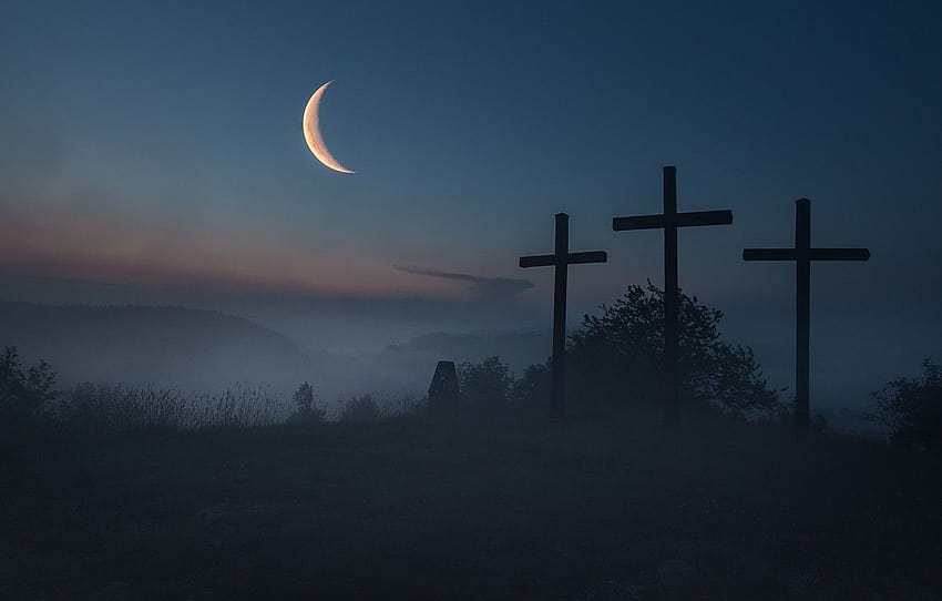 the sky, landscape, night, fog, darkness, the moon, the darkness, crosses, graves, a month, the atmosphere, cemetery, silhouettes, the bushes, gloomy, headstone , section пейзажи, moon with cross HD wallpaper