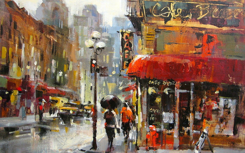 City Street Rainy Day Oil Painting HD wallpaper