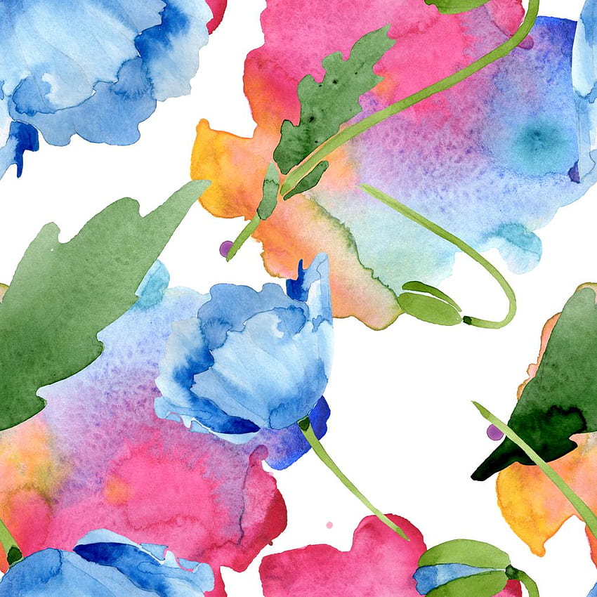 Lindas flores de papoula azuis com estoque de folhas verdes e, aquarela Papel de parede de celular HD