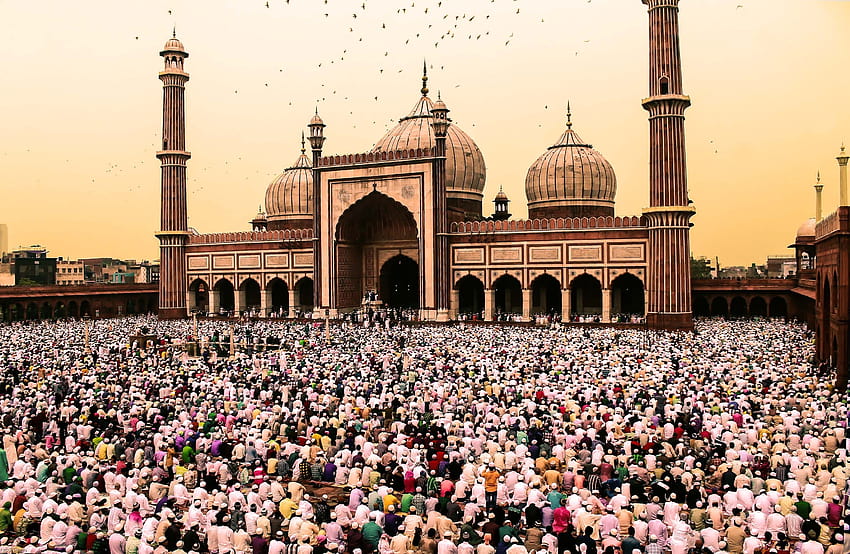 Multitud de personas reunidas cerca de Jama Masjid, Delhi · Stock, mezquita delhi fondo de pantalla