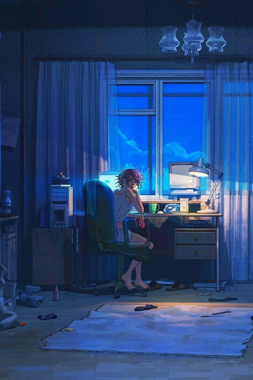 anime style girl chilling while looking out of the window and it's snowing  outside
