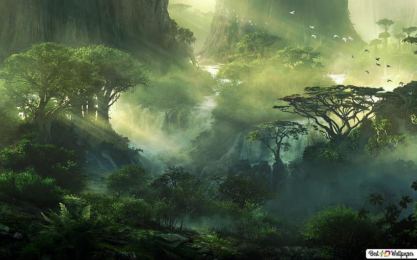Fantasy-Dschungel-Wasserfälle HD-Hintergrundbild