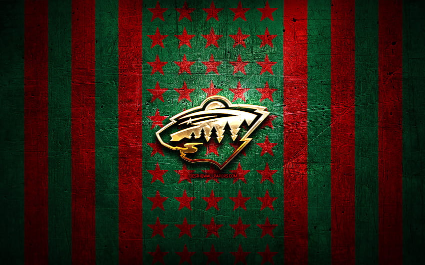 Minnesota Wild flag, NHL, red green metal background, american hockey team, Minnesota Wild logo, USA, hockey, golden logo, Minnesota Wild with resolution 2880x1800. High Quality, hockey teams HD wallpaper
