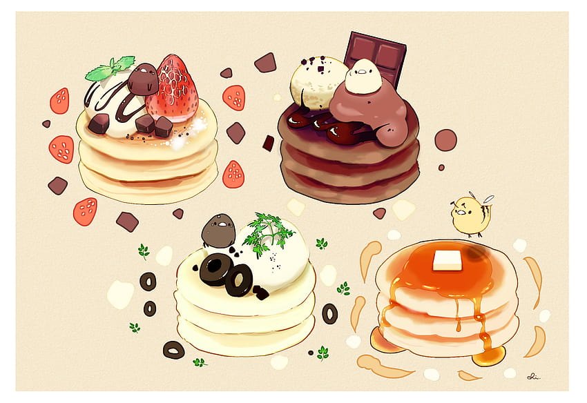 オリジナル キャラクター ドローイングchisanne シンプルな背景 食品 デジタル アート 鳥 パンケーキ、かわいいパンケーキ 高画質の壁紙