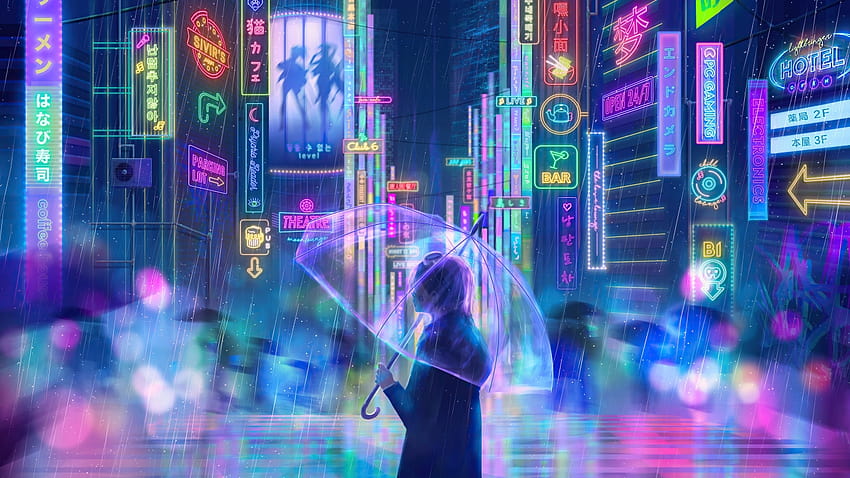 Kota Neon Anime, Hujan, Gadis Anime, Bangunan Wallpaper HD