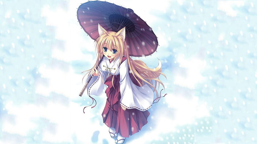 Blondinen Winterschnee blaue Augen lange Haare Tierohren Miko Sandalen Anime Regenschirme japanische Kleidung schneit Kitsunemimi, Wintersaisonkleidung HD-Hintergrundbild
