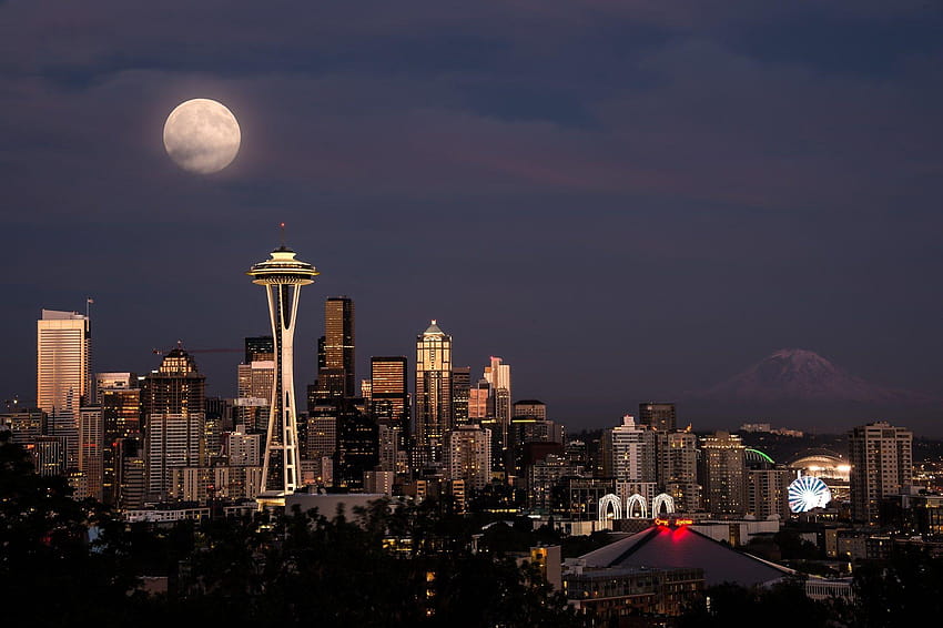 Space Needle, Mount Rainier, Seattle, arranha-céus, cidade, Mount Rainier Seattle papel de parede HD
