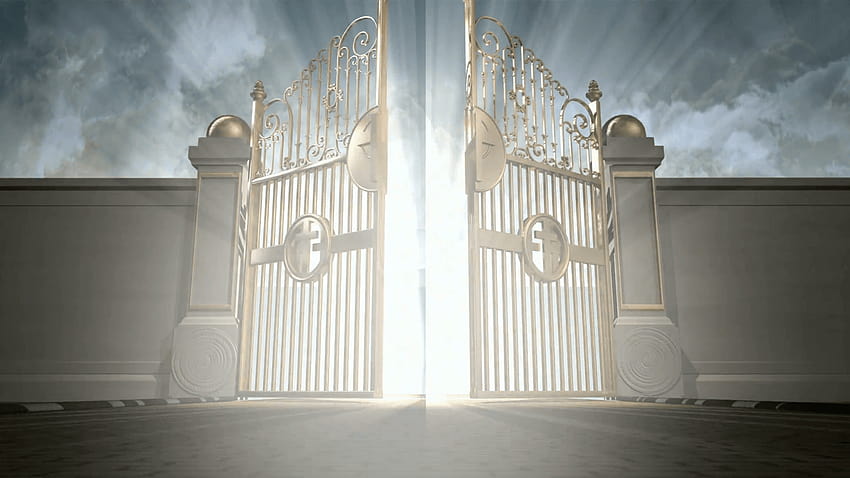 ประตูทองแห่งสวรรค์เปิดรับแสงที่ไม่มีตัวตนบนพื้นหลังสวรรค์ที่มีเมฆมาก วอลล์เปเปอร์ HD