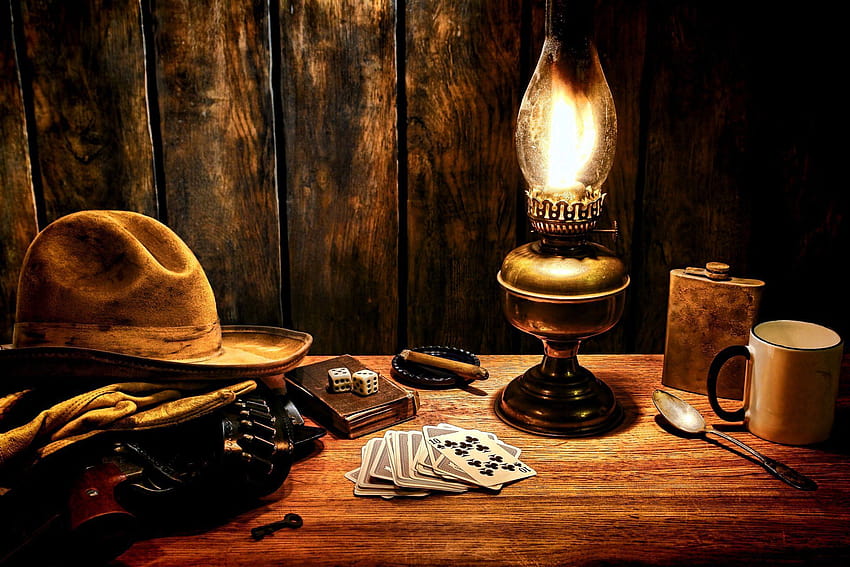 superficie del tavolo cappello da cowboy guanti revolver colt bandoliera selvaggio west Sfondo HD