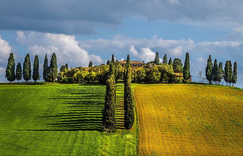: 2048x1317 px, clouds, field, green, Italy, landscape, nature, spring, trees, Tuscany, villages 2048x1317, cloud spring HD wallpaper