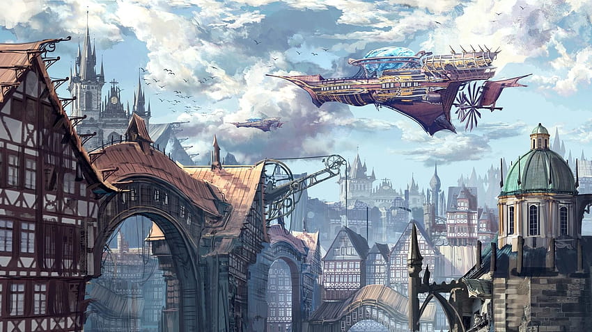 Steampunk City, floating city HD wallpaper
