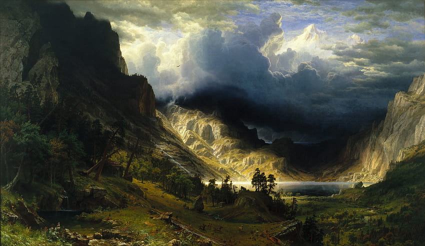 2881268 / albert bierstadt природа пейзаж планини фантастично изкуство буря в скалистите планини, планинска HD тапет