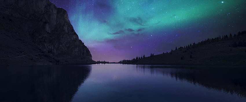 Aurora Borealis Night Sky Stars Lake Nature Scenery จอกว้างพิเศษ วอลล์เปเปอร์ HD