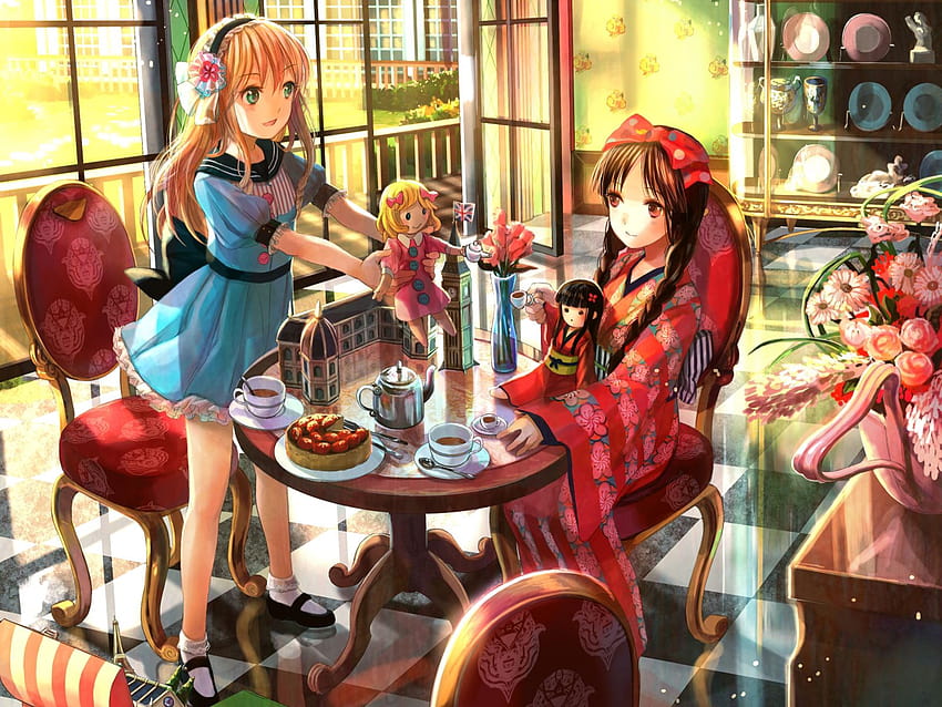 jedzenie, spotkanie przy herbacie, Fuji Choko, miękkie cieniowanie, dziewczyny z anime, oryginalne postacie ::, imprezowiczka Tapeta HD