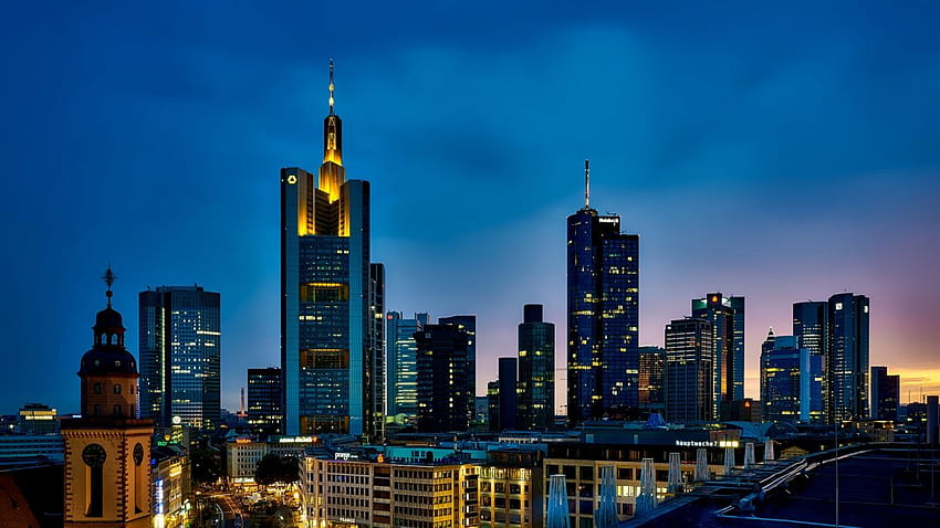 Frankfurt germany panorama city urban skyline cityscape downtown, skyscrapers panorama city lights HD wallpaper