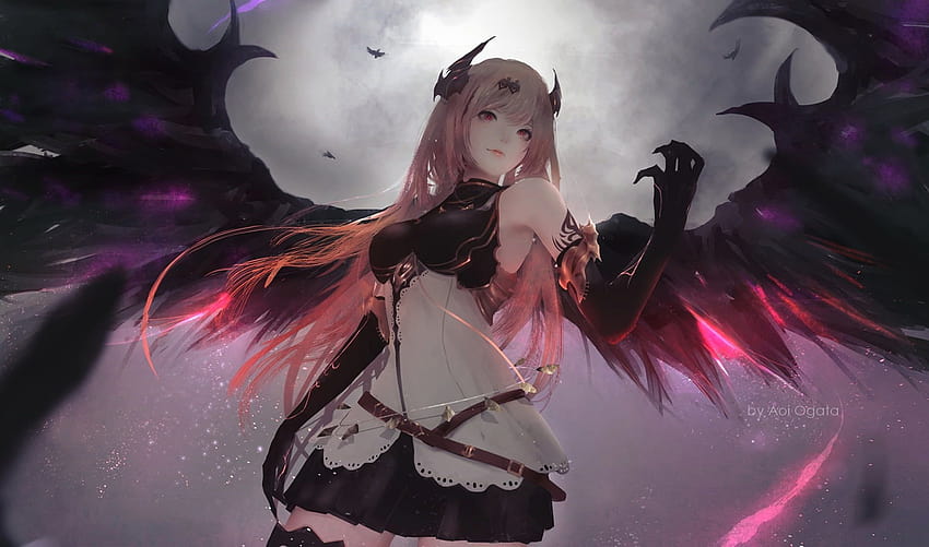 rosa behaarte Frau Anime-Figur mit Flügeln, rosa Anime-Mädchen HD-Hintergrundbild