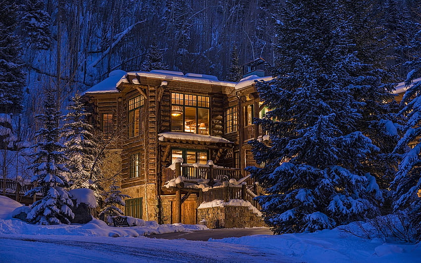 2861656 / przyroda drzewa architektura leśna colorado usa dom zima śnieg wieczorne światła drewno luksus, architektura zimowa Tapeta HD