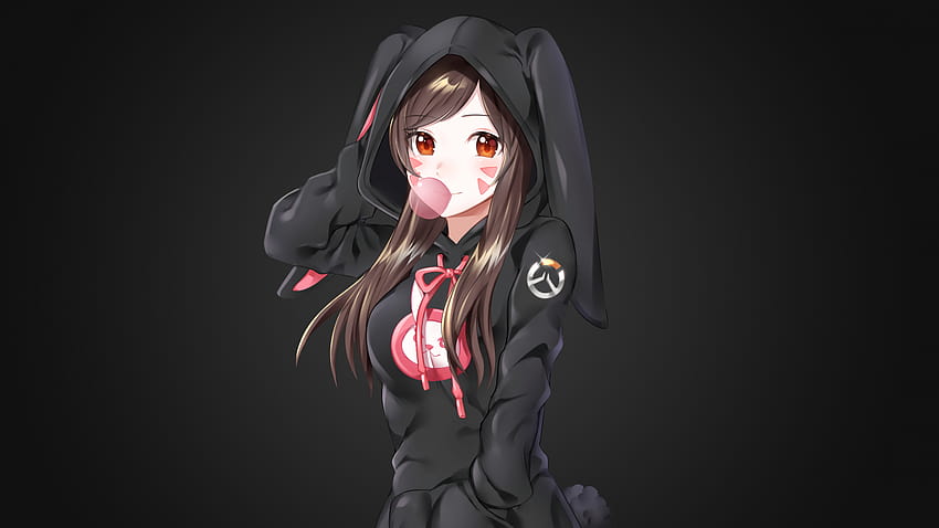 1366x768 Overwatch, D.va, Bunny Costume, Smiling, Gum, Anime Style for Laptop,Notebook, anime 1366x768 HD wallpaper