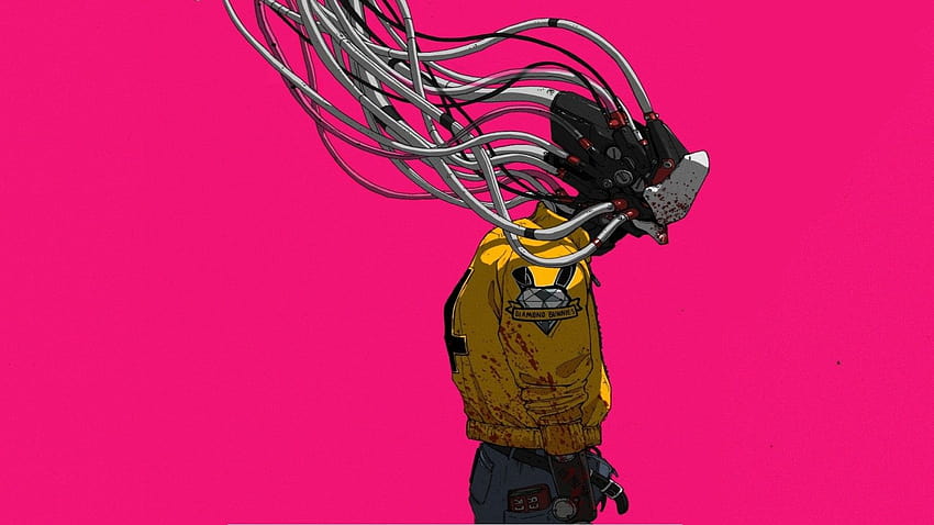 : minimalism, simple background, artwork, Wouter Gort, cyberpunk, cyber, androids, robot, concept art, pink background, yellow jacket, blood, wires 1920x1080 HD wallpaper