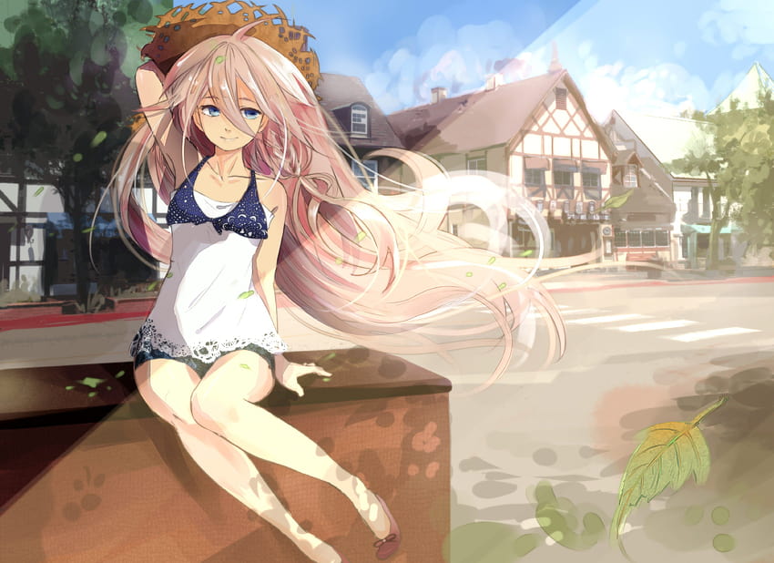 clouds, trees, Vocaloid, blue eyes, leaves, houses, wind, long, armpit anime girls HD wallpaper