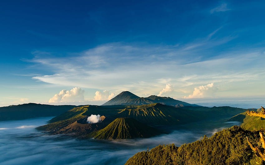 планини, облаци, пейзажи, мъгла, мъгла, Индонезия, небесни пейзажи, dieng :: HD тапет