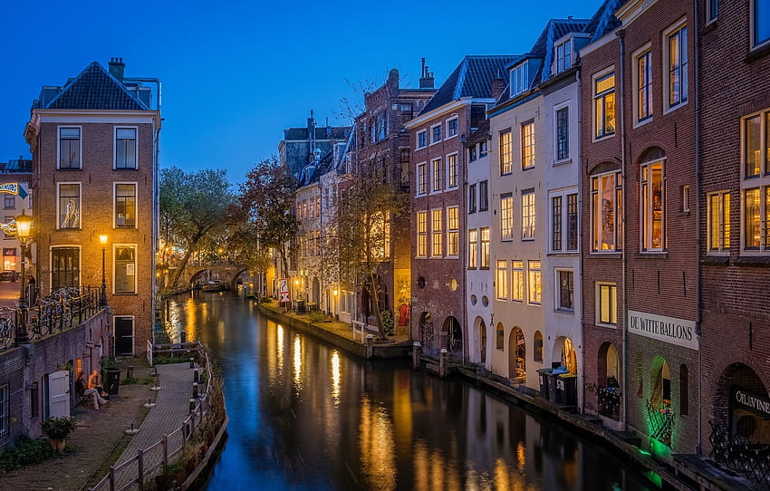 building, home, channel, Netherlands, night city, promenade, Netherlands, Utrecht, Utrecht, Old Canal, Centre, The Oudegracht Canal, The old canal , section город HD wallpaper