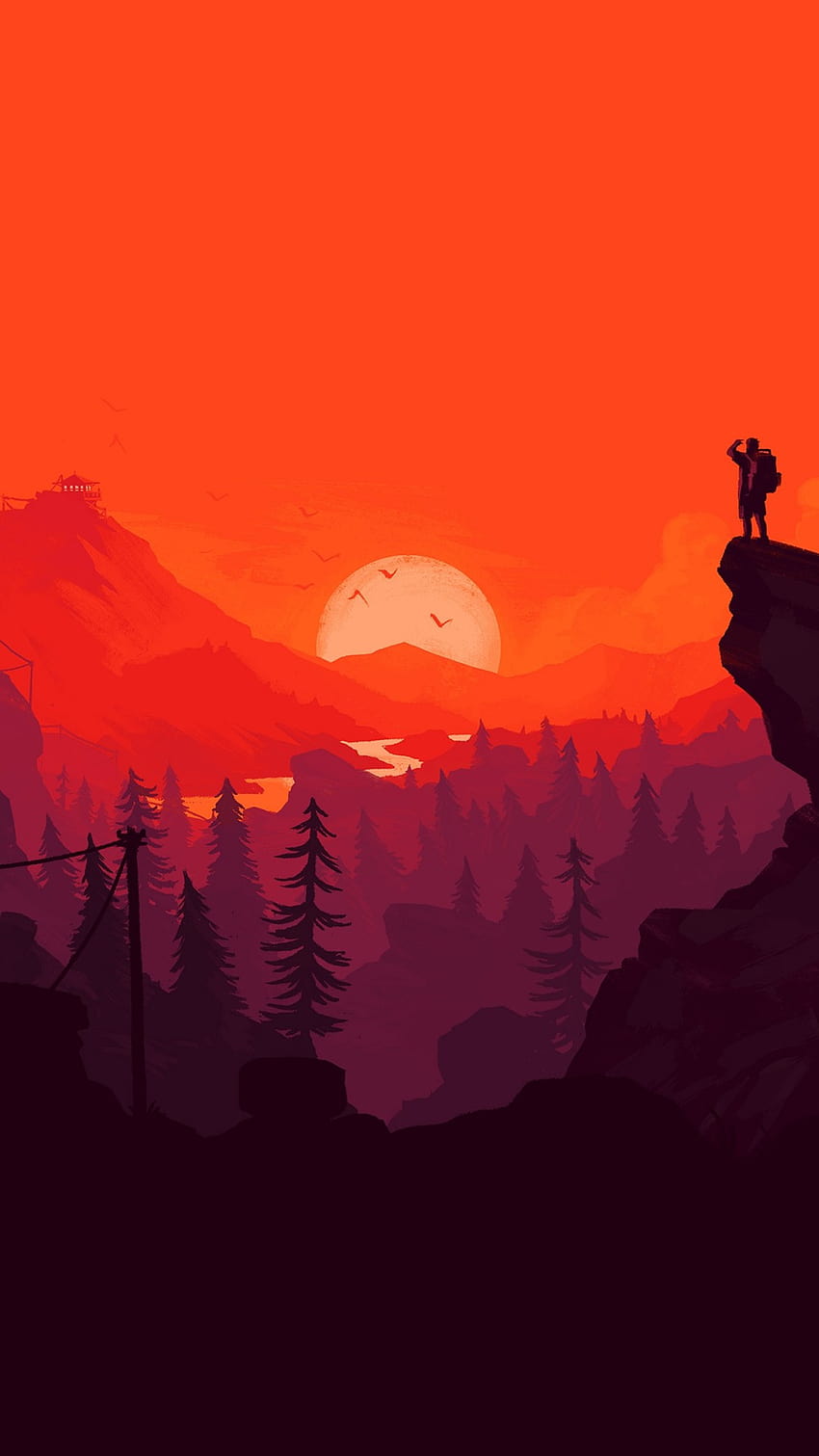 1080x1920 Flat Landscape, Illustration, Sunset, Cliff, Man Hiking, Red Sky, Digital Art for iPhone 8, iPhone 7 Plus, iPhone 6+, Sony Xperia Z, HTC One, flat art iphone HD phone wallpaper