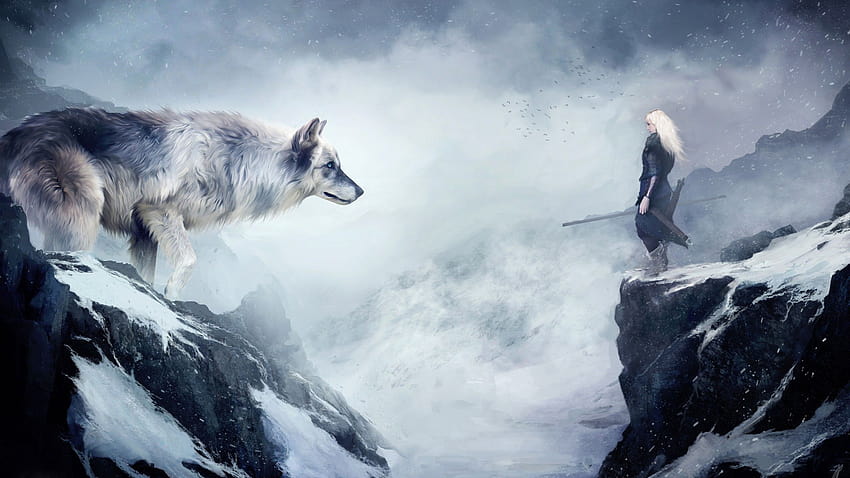 wolf, , mountain, girl, animals, winter, drawing, snow, fantasy, art, OS, girls with snow HD wallpaper