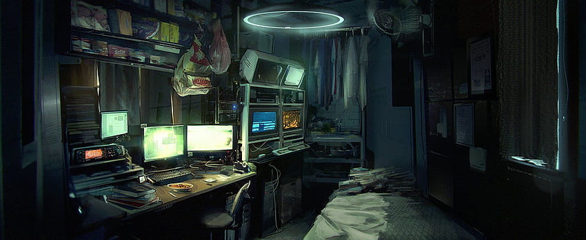 de mi temática cyberpunk favorita, sala de hackers fondo de pantalla