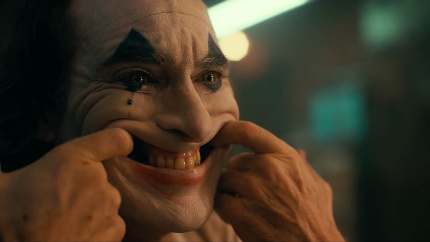 : Joker 2019 Movie, Joaquin Phoenix, hombres, películas, gramas de películas, maquillaje, sonriendo, llorando, profundidad de campo 1500x844, bromista llorando fondo de pantalla
