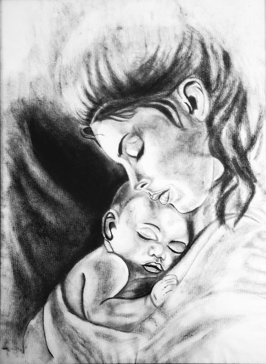 Dibujo de madre e hijo, dibujo de amor de madre. fondo de pantalla del teléfono
