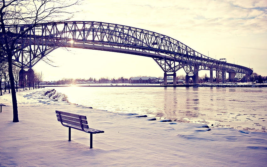 bridge, Bench, Snow, Lake / and Mobile, snow city HD wallpaper
