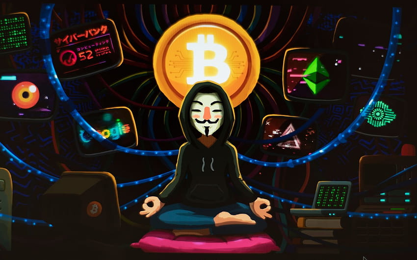 Medytacja, sztuka, anonimowość, haker, bitcoin, laptop hakera Tapeta HD