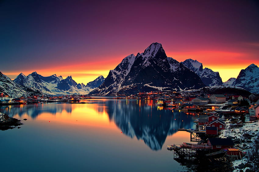 Reine, 湖, 山、ノルウェー、自然、解像度 高画質の壁紙