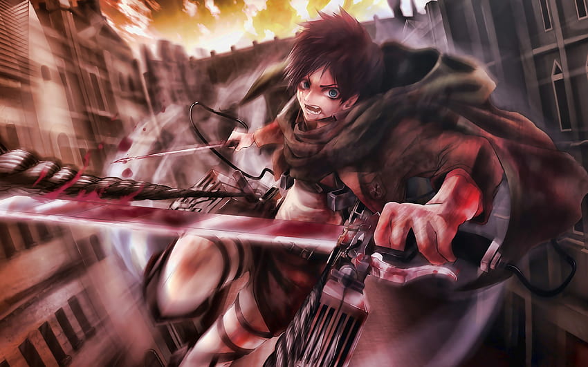 Eren Yeager, battle, Attack on Titan, sword, manga, Shingeki No Kyojin, green eyes, Attack on Titan characters, Eren Yeager with resolution 3840x2400. High Quality HD wallpaper
