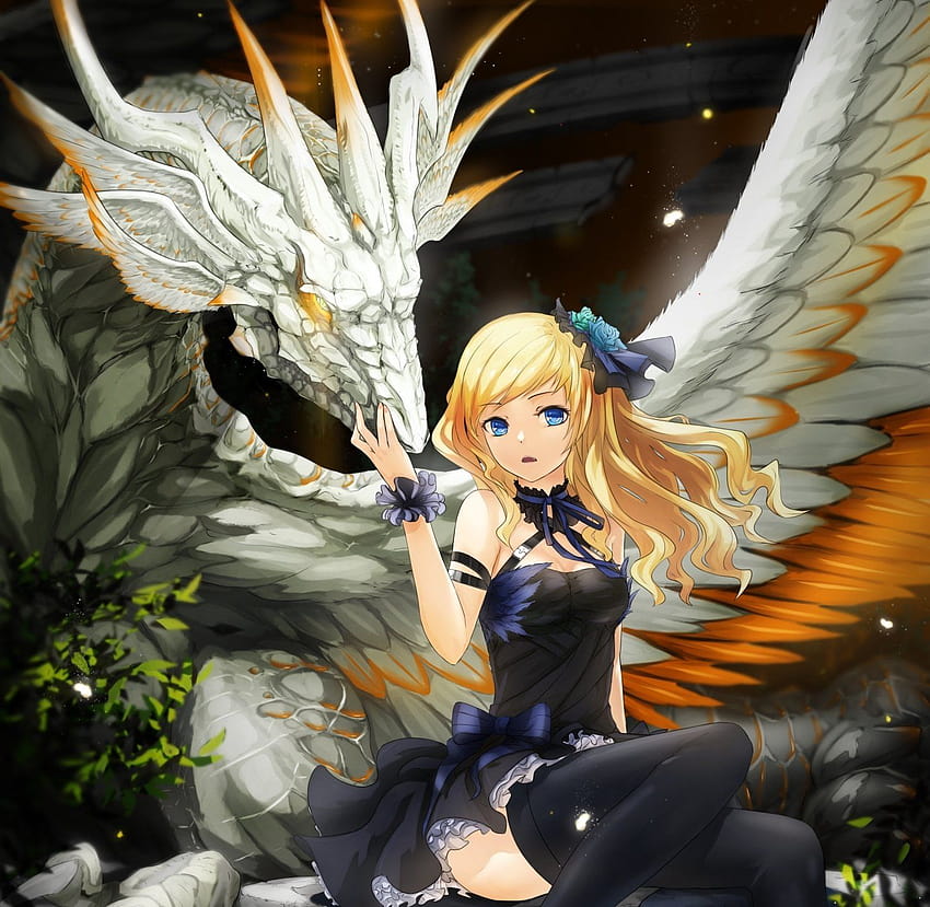 Anime girl dress blonde beautiful white dragon, cute anime dragon girl HD wallpaper